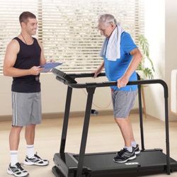 Treadmill for Seniors with Long Handrails - 300 lbs Capacity Walking Treadmill for Elderly with Cup Holder - Recovery Machine for Home Use with Clear,