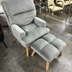 Soft Fabric Casual Living Room Armchair With Adjustable Backrest And Legs Stool - Grey