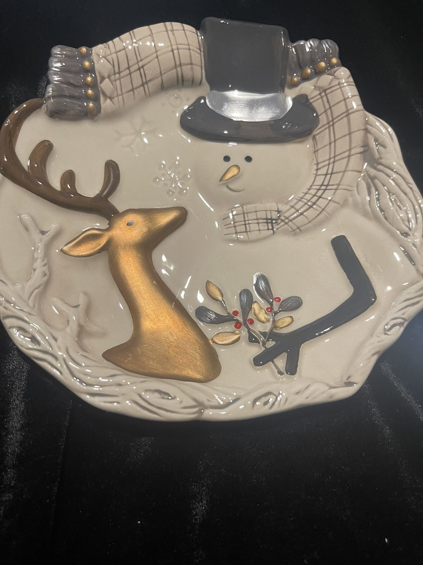 Fitz And Floyd Wintry Woods Snowman Snack Plate With Spreader