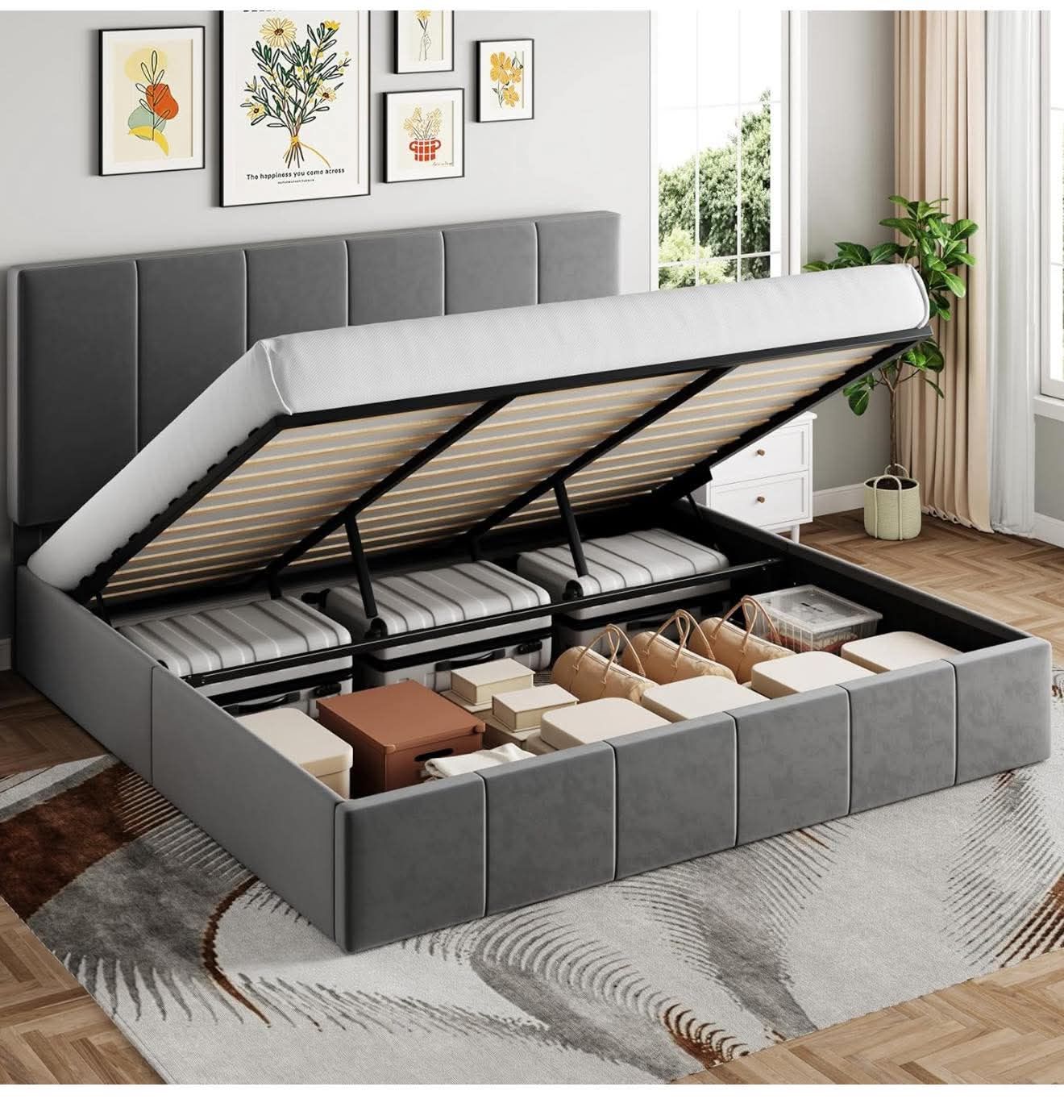 King Size Lift Up Storage Bed Frame, Hydraulic Support, Velvet Upholstered, Gray
