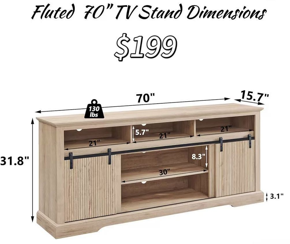 😀 Fluted TV Stand for 80 Inch TVs, 32" Modern Entertainment Center with Waveform Panel Sliding Door, Media Console Cabinet w/Storage, Soundbar