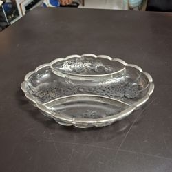 Vintage Mid 20th Century Silver Overlay Divided Heavy Glass Dish, Scalloped Edges 9" X 7"