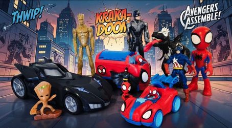 Marvel Super Heroes & DC Batman Toy Lot - Vehicles, Figures & Playset Bundle