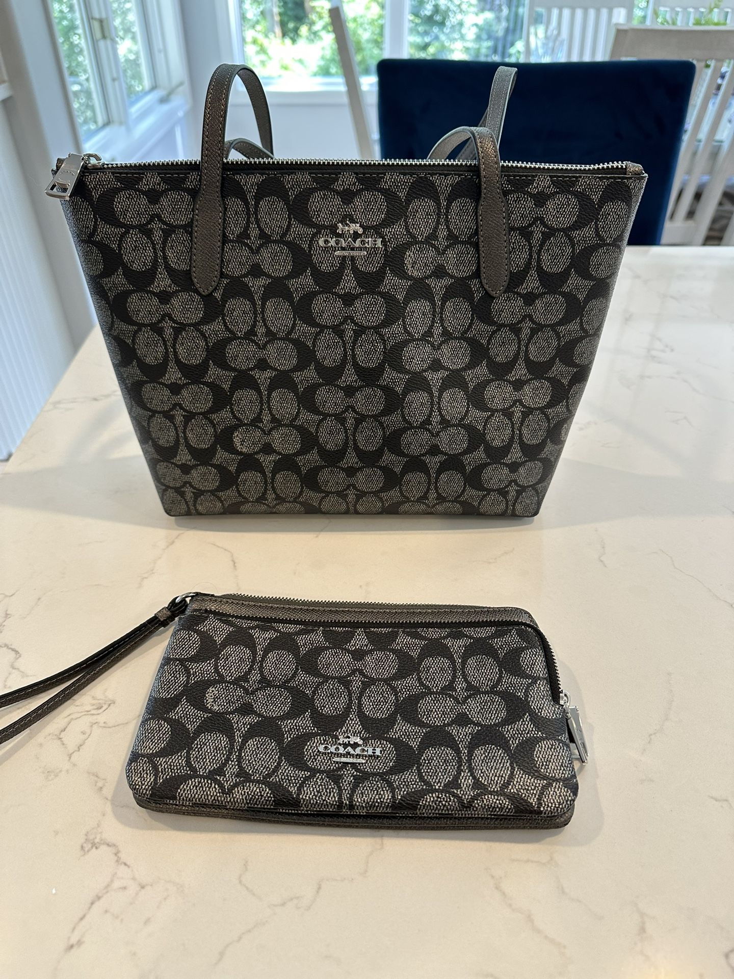 Coach Fiona Zip Tote Bag And Signature Canvas And Coach Monogram Double Zip Wallet Wristlet