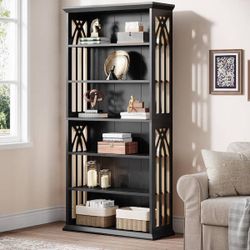 Eulas 75 in. Tall Black Wood 6-Shelf Standard Bookcase with Interior Shelves, Storage Living Room, Home Office, Bedroom
