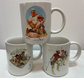 3 1987 Norman Rockwell Coffee Mugs Fishing Themed