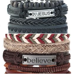 2 x Set Adjust. Size up to 9.5inc Leather Bracelet, (I__Jesus-Believe_2)