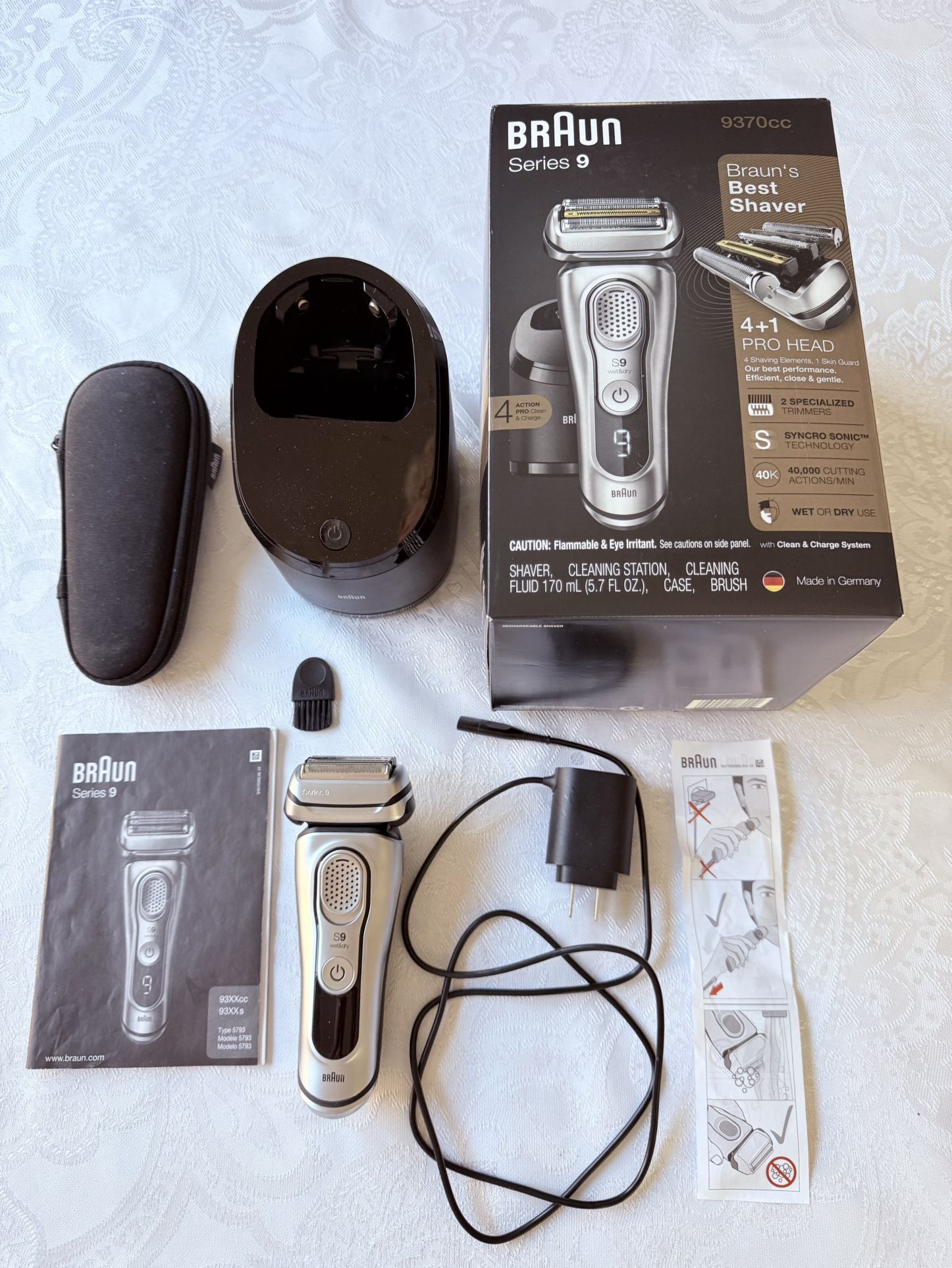 Braun Electric Shaver Series 9 Genuine Cleaning/Charging Station; Charging Cord; Travel Case; never used special Cleaning Brush; Manual; Original Pack