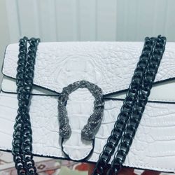 White Croc-Embossed Chain Bag