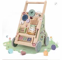 Wooden Baby Walker, Caveen Montessori Push Walker with Activity Center, Adjustable Speed and Height Baby Push Wa