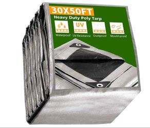 30'x50' Heavy-Duty Poly Tarp Reinforced Canopy, Silver - Weather Protection Cover - Halloween Sale