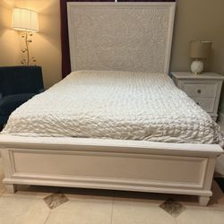 Queen Bed, Mattress, End Table, And Vanity With Mirror