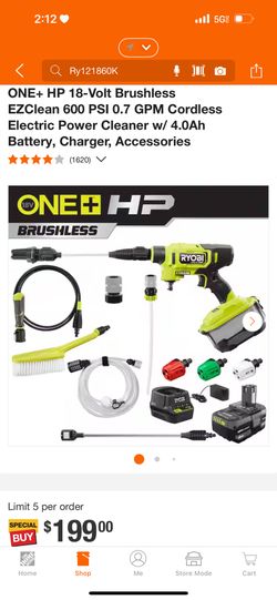 RYOBI ONE+ HP 18-Volt Brushless EZClean 600 PSI 0.7 GPM Cordless Electric Power Cleaner w/ 4.0Ah Battery, Charger, Accessories