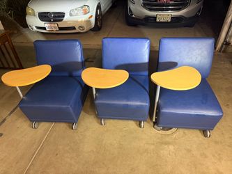3 Blue Lounge Chairs with Attached Desks – Rolling Chair Set