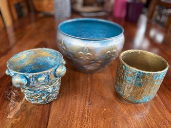 Teal and Gold Original Handmade Designs Small Flower Pots