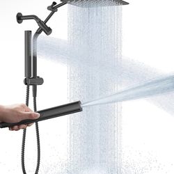 Veken All Metal 10" Black Shower Head with Handheld, Luxurious Square Double Rain Shower Heads with Power Wash Hand Held,Dual High Pressure Detachable