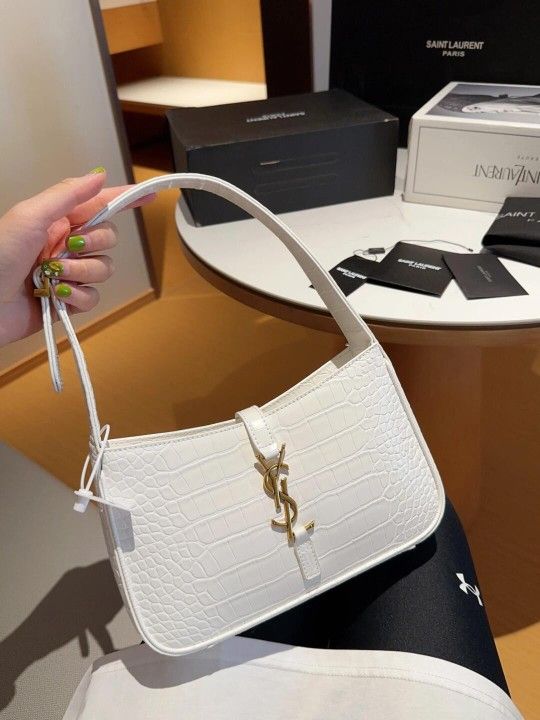 Saint Laurent Crocodile-embossed White Leather Hobo Bag