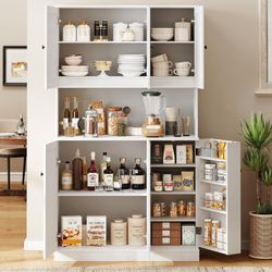 71" Tall Kitchen Pantry Storage Cabinet with Microwave Stand & Door Shelf, Freestanding Kitchen Hutch with 6 Doors and Adjustable Shelves, Modern Food