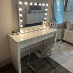 Vanity Setup- Desk, Mirror, Chair, White Glass Top Clear Chair Vanity Mirror Hollywood Mirror