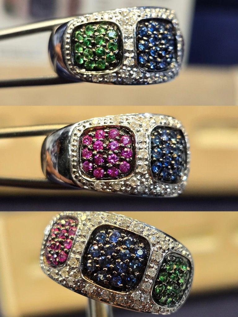 One 14k white Gold Diamond Garnet And Sapphire Cluster Ring