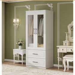 Armario con puerta, espejo, barra para colgar y armario de almacenamiento, armario de madera para dormitorio (blanco 