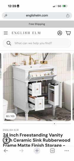 24 Inch Freestanding Vanity with Ceramic Sink Rubberwood Frame Matte Finish Storage -