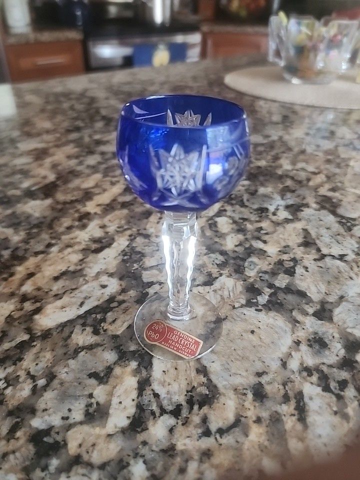 Vintage Colbalt Blue Liquor Glasses Cut to Clear Crystal Cordial Hocks