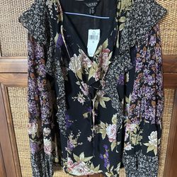 Lauren Ralph Lauren Women’s Black floral ruffle multi-colored XL top Blouse. NWT