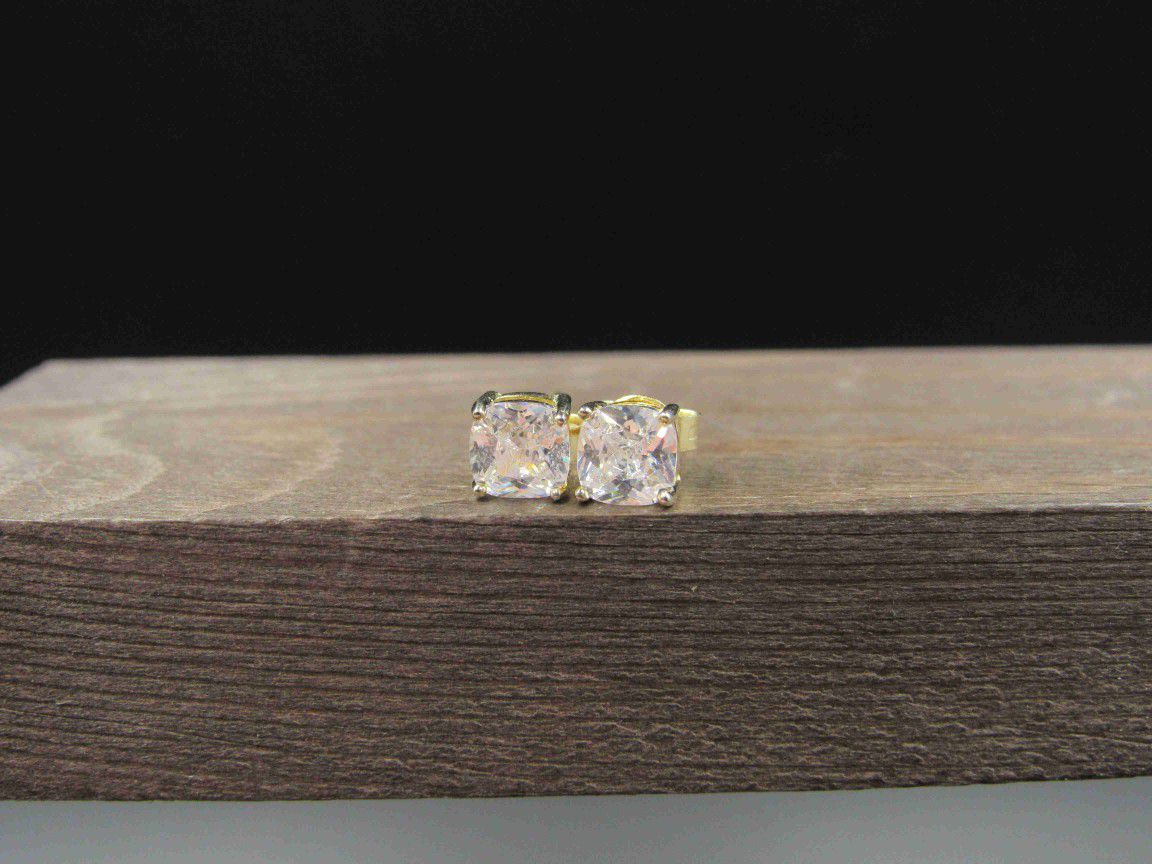 Sterling Silver Gold Plated Square Small CZ Stud Earrings Vintage Wedding Engagement Anniversary Beautiful Everyday Minimalist Cute
