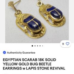 18k Solid Yellow Gold Egyptian Scarabs Dangling Earrings With Lapis Lazuli 