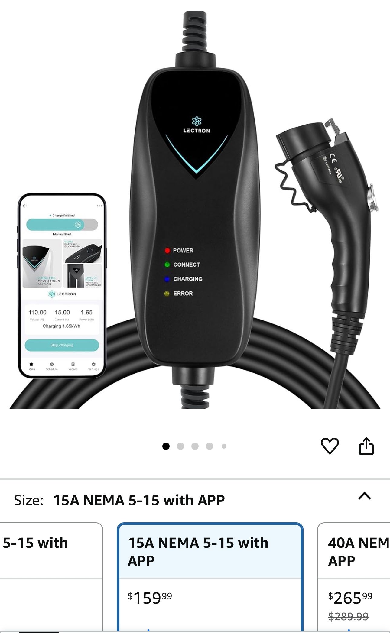 Lectron Level 1 J1772 Charger (WiFi Version) - 110V, 15 Amp, NEMA 5-15 Plug, 16 ft Extension Cord - Portable Electric Car Charger for J1772 Evs
