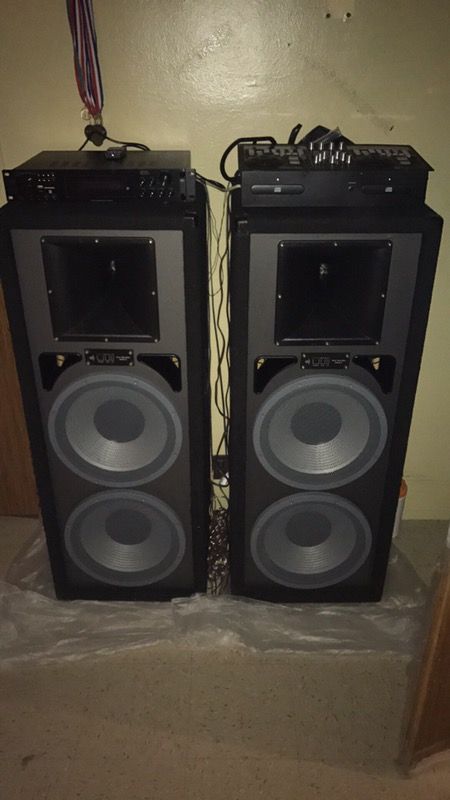 Everything two black and gray Club speakers and amplifier with 3500 and DJ mixerPrice is negotiable