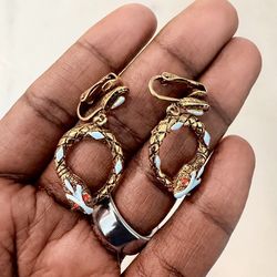 Vintage ART Snake Clip-On Earrings Gold Tone Enamel Serpent Red Eyes