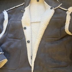 gray faux suede and sherpa-lined jacket.