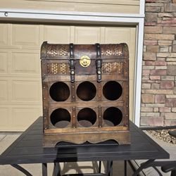 Vintage Trunk Style Wood & Rattan Wine Rack Chest
