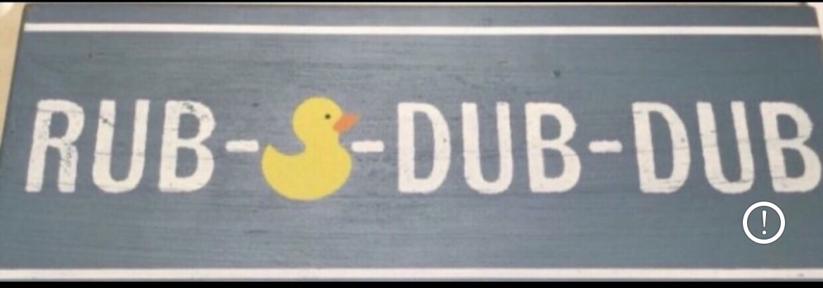 New Rub A Dub, Dub Wooden Hanging Display just about 20 1/2 inches wide by a smidge over 8 inches