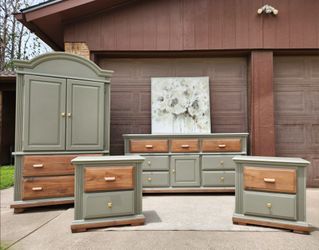 Sage Broyhill refinished bedroom furniture set Dresser, nightstands,  Armoire