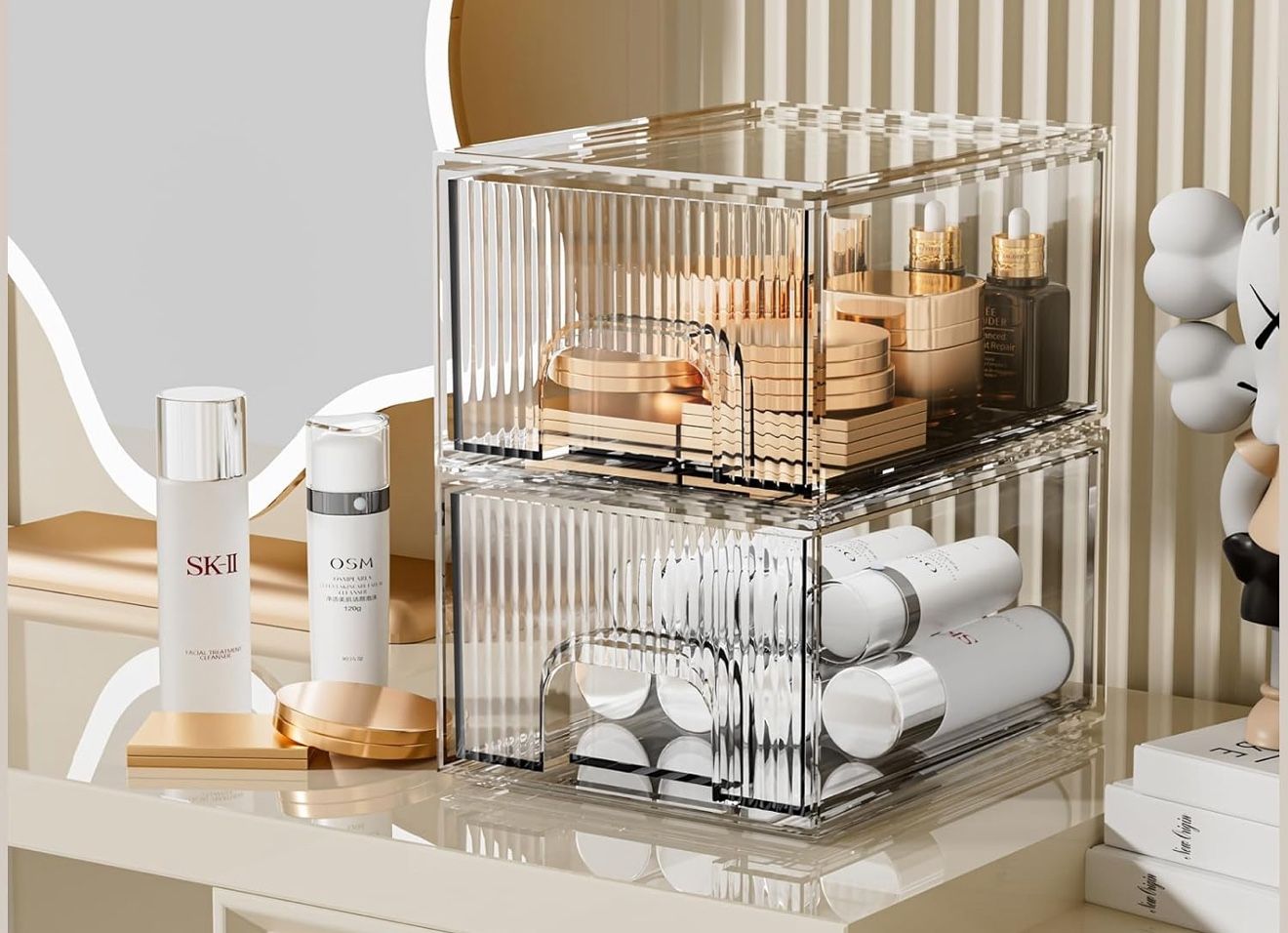 2 Pack Clear Stackable Cosmetic Organizer, Acrylic Drawer, Plastic Organizer for Dresser, Vanity, Kitchen Cabinet, Pantry, Home Organization and Stora