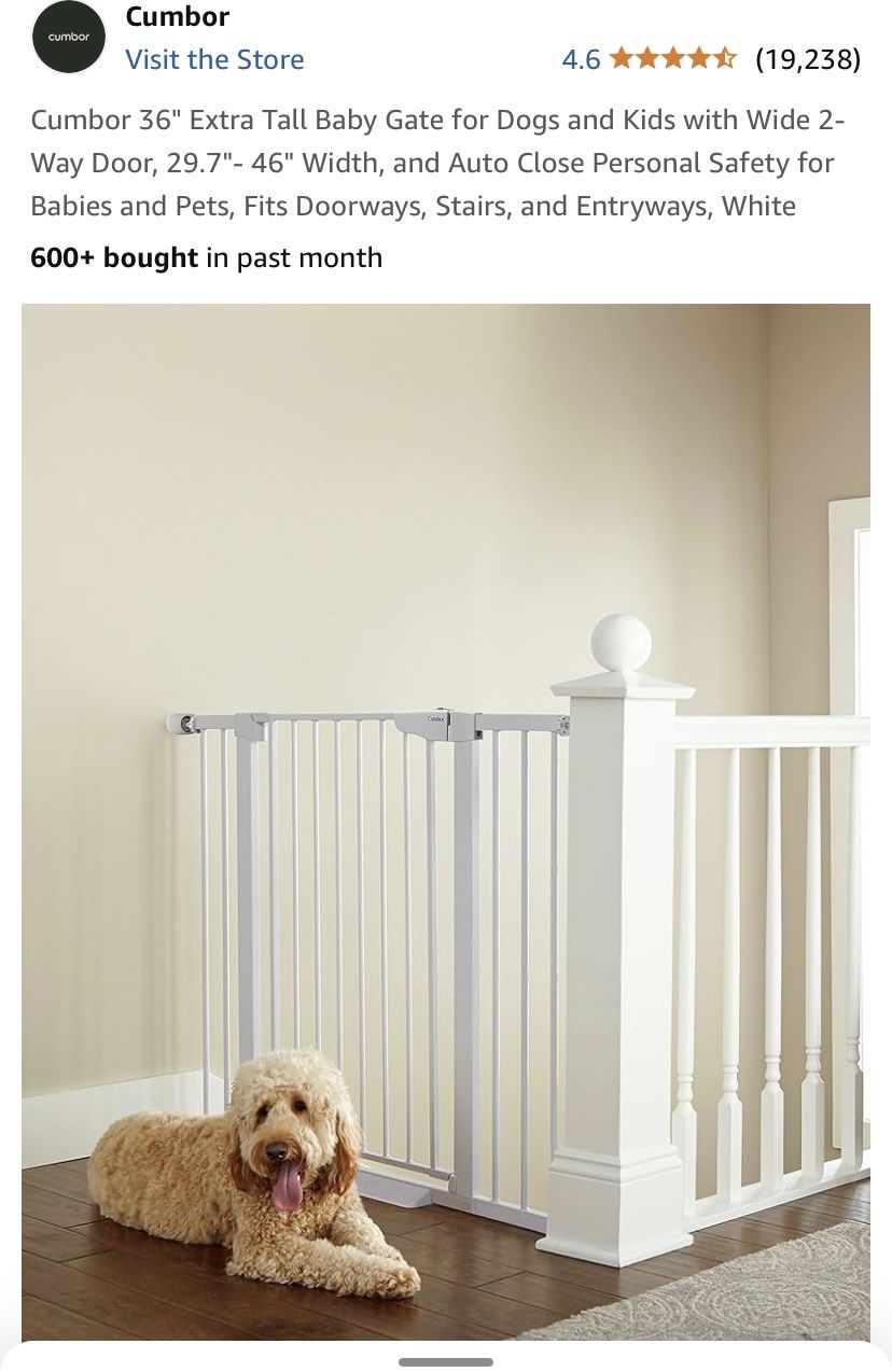 Cumbor 36" Extra Tall Baby Dog Gate Wide 2-Way Door, 29.7"- 46" Width Auto Close White Metal NEW