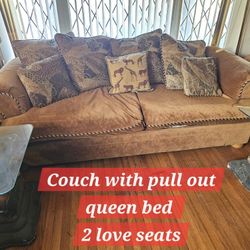 Couch With Pullout Queen Bed & 2 Loveseats