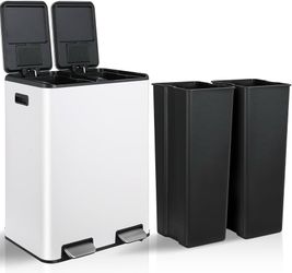 16 Gal Dual Kitchen Trash Can, Stainless Steel Garbage Bin, Recycle Waste Dustbin, w/2 Built-in Box for Odor Control, Soft-Close Lid,2 Buckets, Foot P