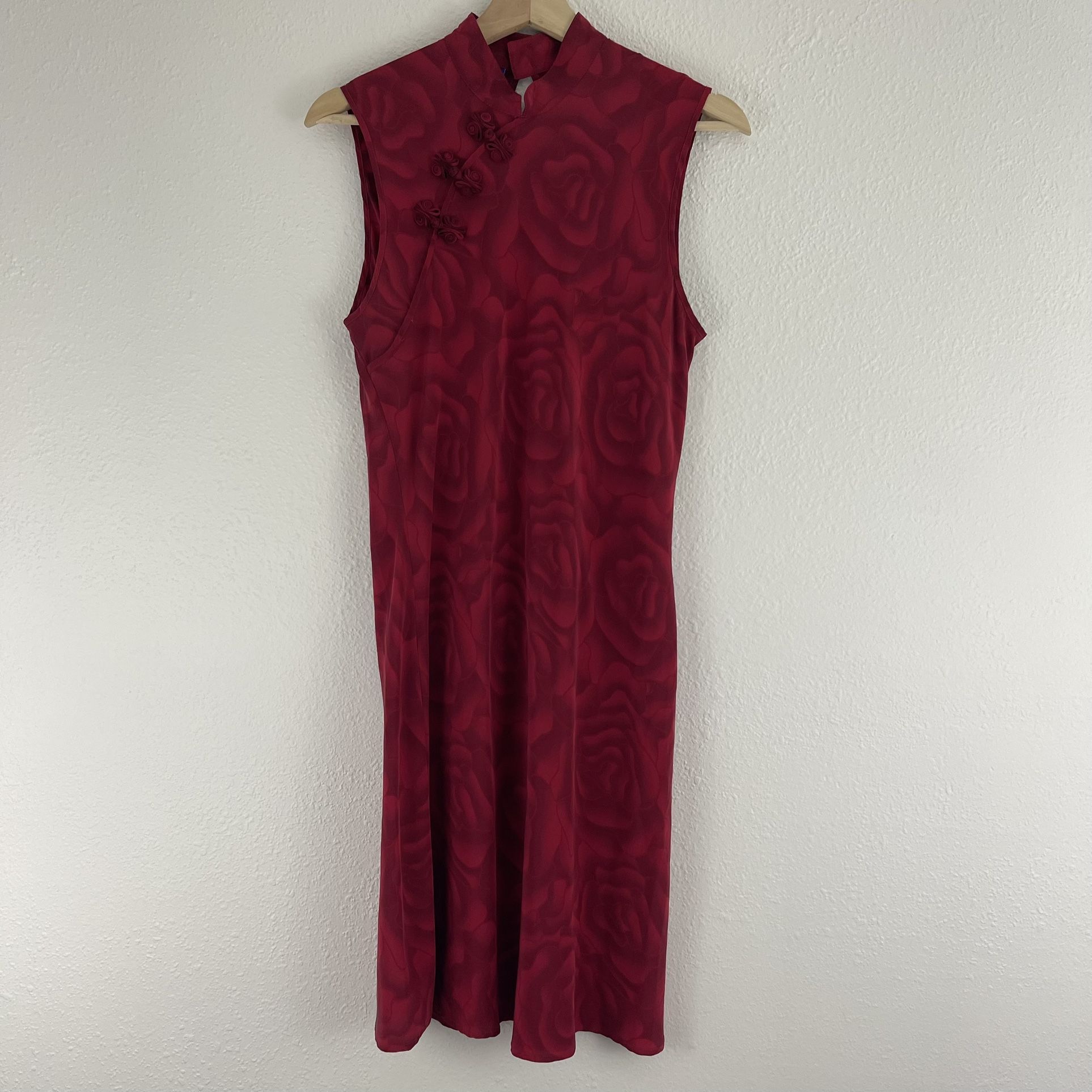 Vintage 90s Red Silk Asian Style Floral Rose Print Sleeveless Sexy Mini Dress