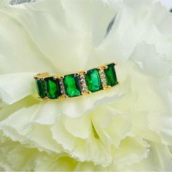 NEW Radiant Real Gold Plated Green Emerald Stones CZ Stacking Half Eternity Ring