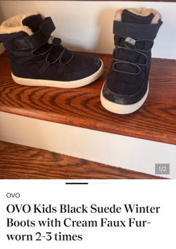 OVO Kids Black Suede Winter Boots with Cream Faux Fur-