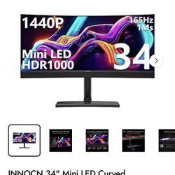 NEW INNOCN 34” ULTRAWIDE Gaming Monitor. Mini LED Technology. 4K (3440 X 1440) 165Hz Frec /1ms Response. 2.1 Channel Built In Sound. Wireless Charger.