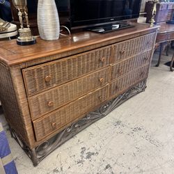 Vintage wicker & rattan dresser featuring six drawers & metal base - 68” x 18” x 33”