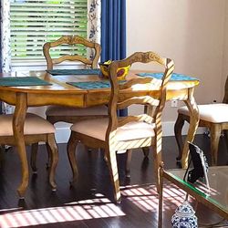 French Country Round Dining Table and Chair Set with Grape Leaf Design