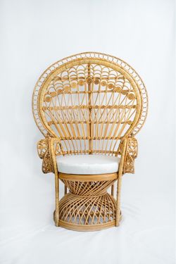 Vintage Rattan Peacock Chair with White Seat Cushion – Boho Wicker Throne