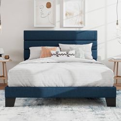 Full Size Platform Bed Frame with Upholstered Fabric Headboard, Blue Upholstered Bed Frame with Headboard/Mattress Foundation with Strong Wooden Slats