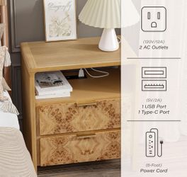 Farmhouse Nightstand with Charging Station, Side Table with Power Outlet and USB & Type C Ports,Fully Assembled, Rustic, Brown